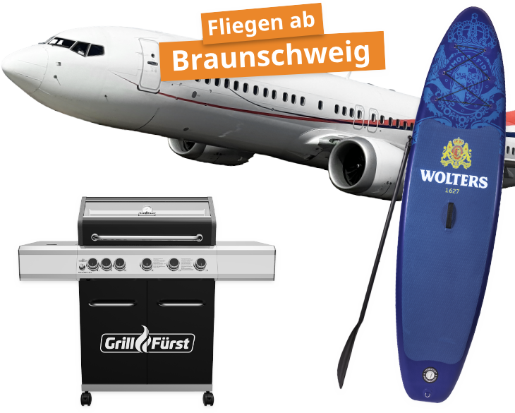 Ein Verkehrsflugzeug, ein blaues Stand-up-Paddleboard mit Paddel und ein schwarzer Grill sind zu sehen. Auf einem orangefarbenen Transparent steht "Fliegen ab Braunschweig".