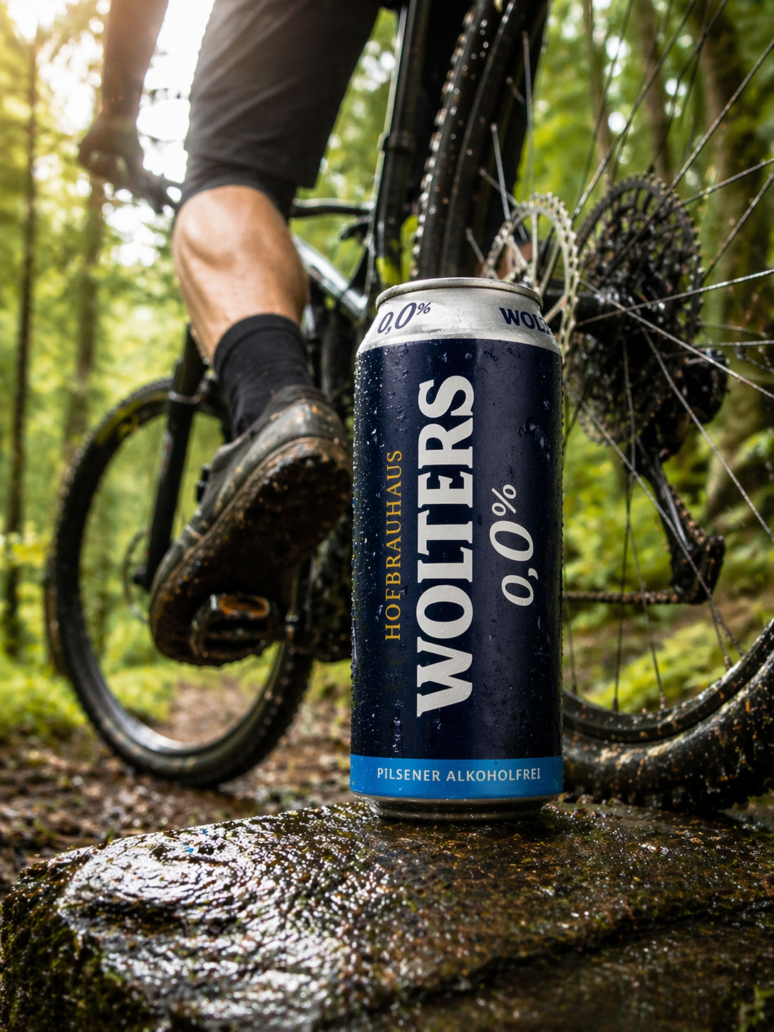 Eine Dose Wolters alkoholfreies Pils steht auf einem Felsen vor einem Mountainbike mit Fahrer auf einem schlammigen Waldweg.