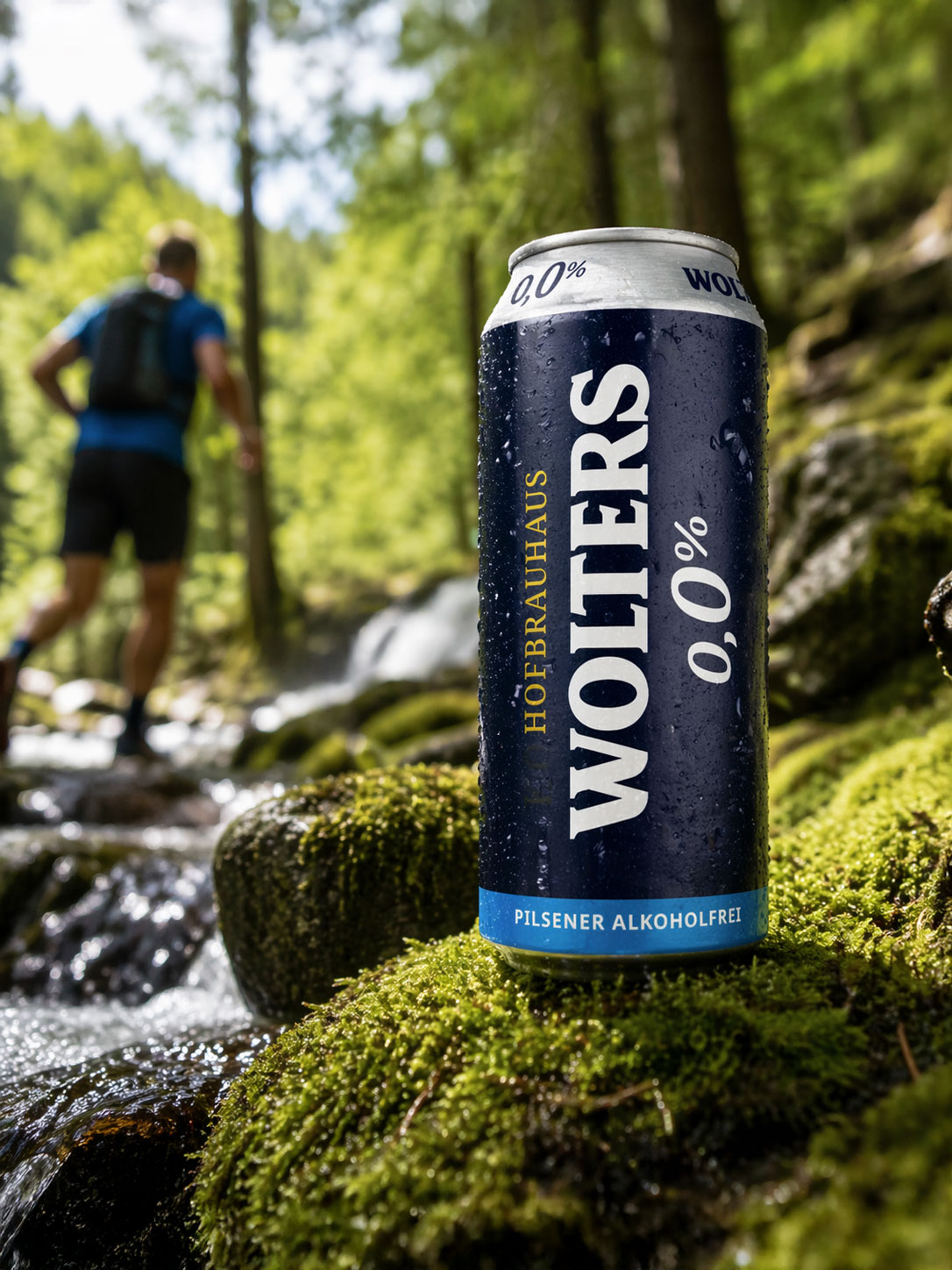 Eine Dose Wolters 0,0% alkoholfreies Pilsener steht auf Moos an einem Bach, während im Hintergrund ein unscharfer Wanderer durch den Wald läuft.
