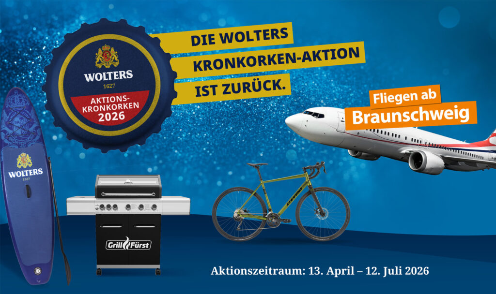 Werbebild für die Wolters Kronkorken-Aktion 2026 mit Preisen wie einem Paddelbrett, einem Grill und einem Fahrrad; ein Flugzeug startet mit dem Text "Fliegen ab Braunschweig".