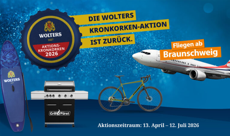 Werbebild für die Wolters Kronkorken-Aktion 2026 mit Preisen wie einem Paddelbrett, einem Grill und einem Fahrrad; ein Flugzeug startet mit dem Text "Fliegen ab Braunschweig".