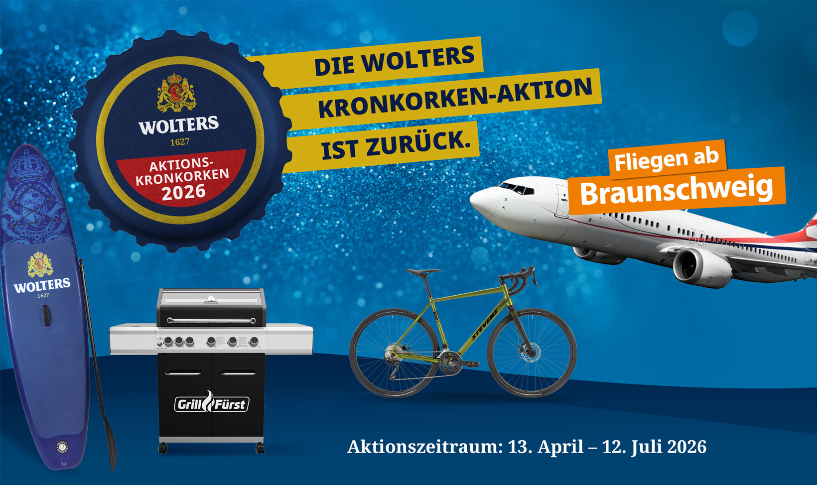 Werbebild für die Wolters Kronkorken-Aktion 2026 mit Preisen wie einem Paddelbrett, einem Grill und einem Fahrrad; ein Flugzeug startet mit dem Text "Fliegen ab Braunschweig".