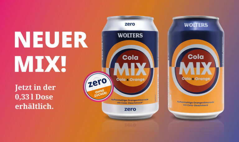Zwei Dosen Wolters Cola Mix (Cola x Orange) Zero sind vor einem Hintergrund mit Farbverlauf abgebildet und werben für eine neue 0,33-Liter-Dose ohne Zucker mit der Aufschrift "NEUER MIX!".