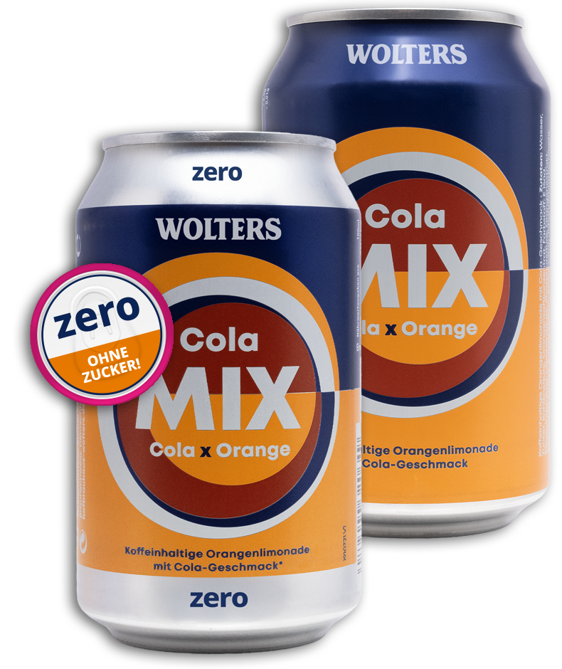 Zwei Dosen Wolters Cola Mix mit der Aufschrift Cola und Orangengeschmack und dem Aufdruck "zero ohne zucker! (ohne Zucker) auf einer Dose.
