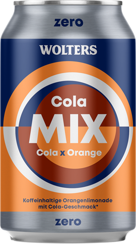 Eine Dose Wolters Cola MIX, ein zuckerfreies Getränk mit Cola- und Orangengeschmack, in den Farben Blau, Orange und Silber mit fettgedrucktem Text auf dem Etikett.