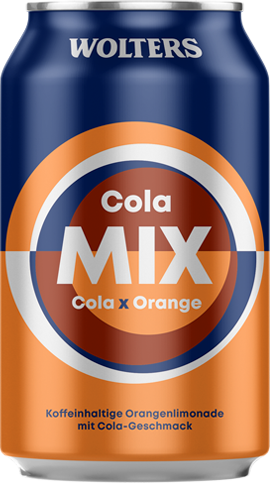 Eine Dose Wolters Cola Mix mit den Geschmacksrichtungen Cola und Orange, mit orangen und blauen Farben und deutschem Text auf dem Etikett.